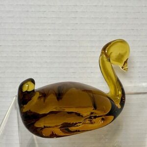 Vintage Handblown Amber Glass Swan Paperweight Figurine Mcm